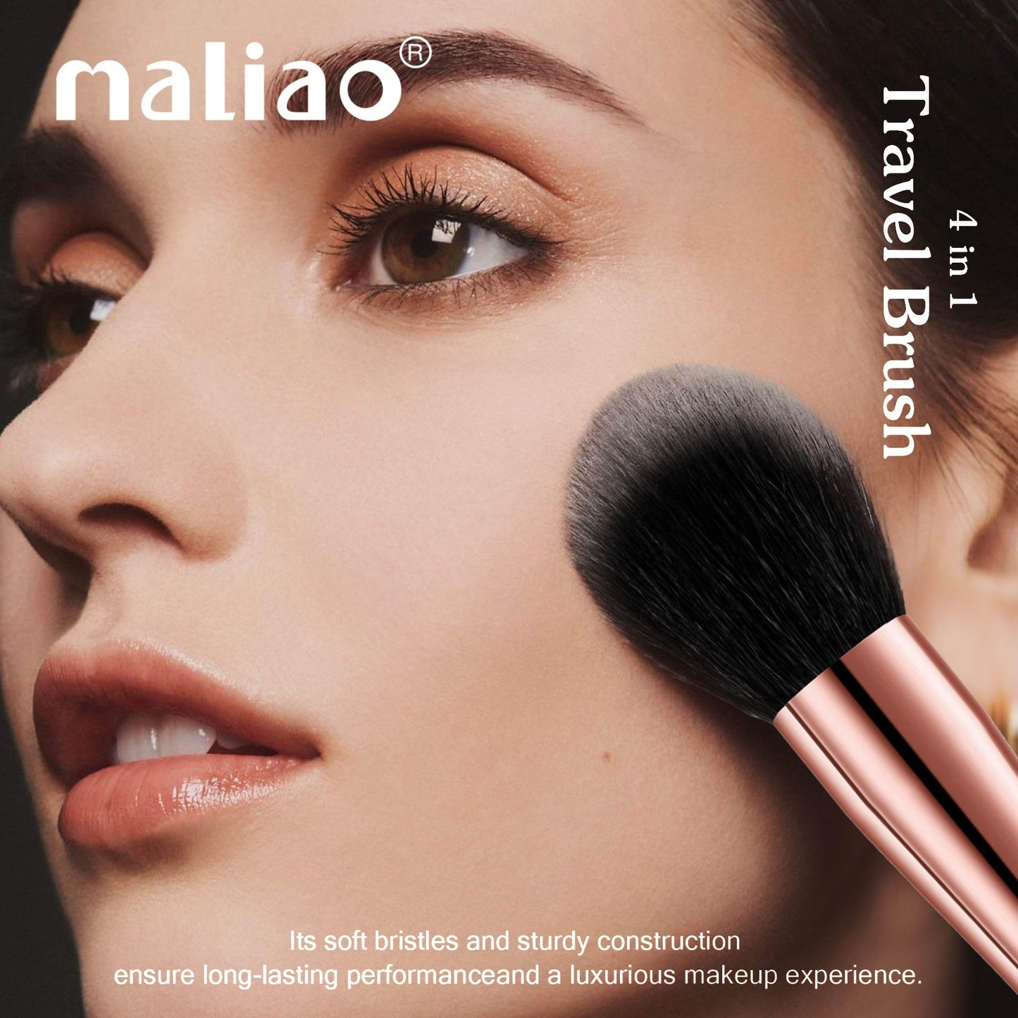 MALIAO 4 in 1 Travel Brush with Foundation Brush, Powder Brush, Eyeshadow Blending Brush & Flat Brush | Soft Bristles Makeup Brushes Set for Women