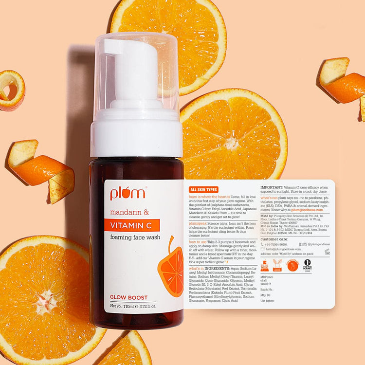 Plum Vitamin C Foaming Face Wash with Mandarin | For Glowing Skin | For Gentle Cleansing | For Hyperpigmentation & Dull Skin | Sulphate-Free | 100% Vegan | 110ml