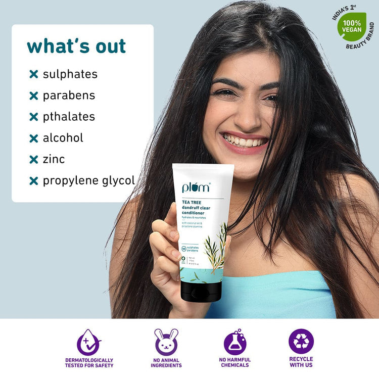 Plum Tea Tree Dandruff Clear Conditioner | With Tea Tree Oil & Coconut Oil | Removes Dandruff Flakes From Hair Strands, Detangles & Smoothens Hair | Silicone-Free | Paraben-Free| 100% Vegan