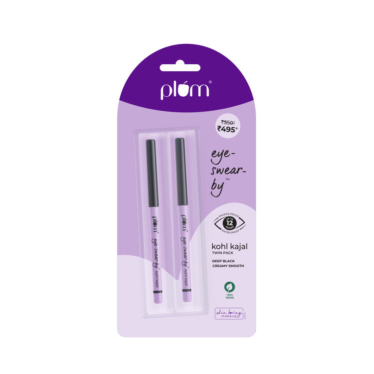 Plum Eye-Swear-By Kohl Kajal Combo | Set of 2 | Deep Black | Creamy Smooth | Smudge-Proof | 100% Vegan & Cruelty Free