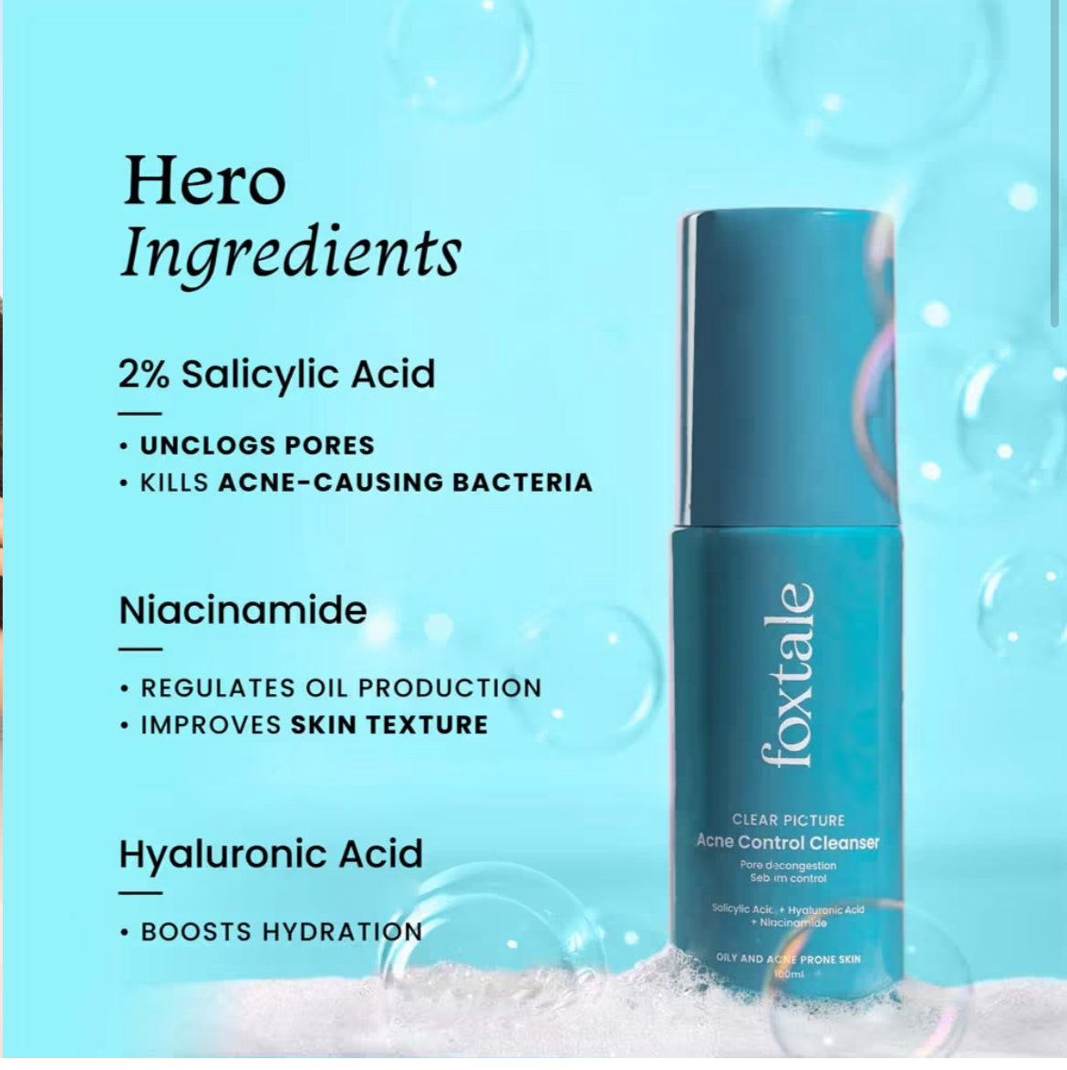 Foxtale Acne Control Cleanser with Salicylic Acid & Niacinamide, Controls Oil & Fights Acne (100 ml)