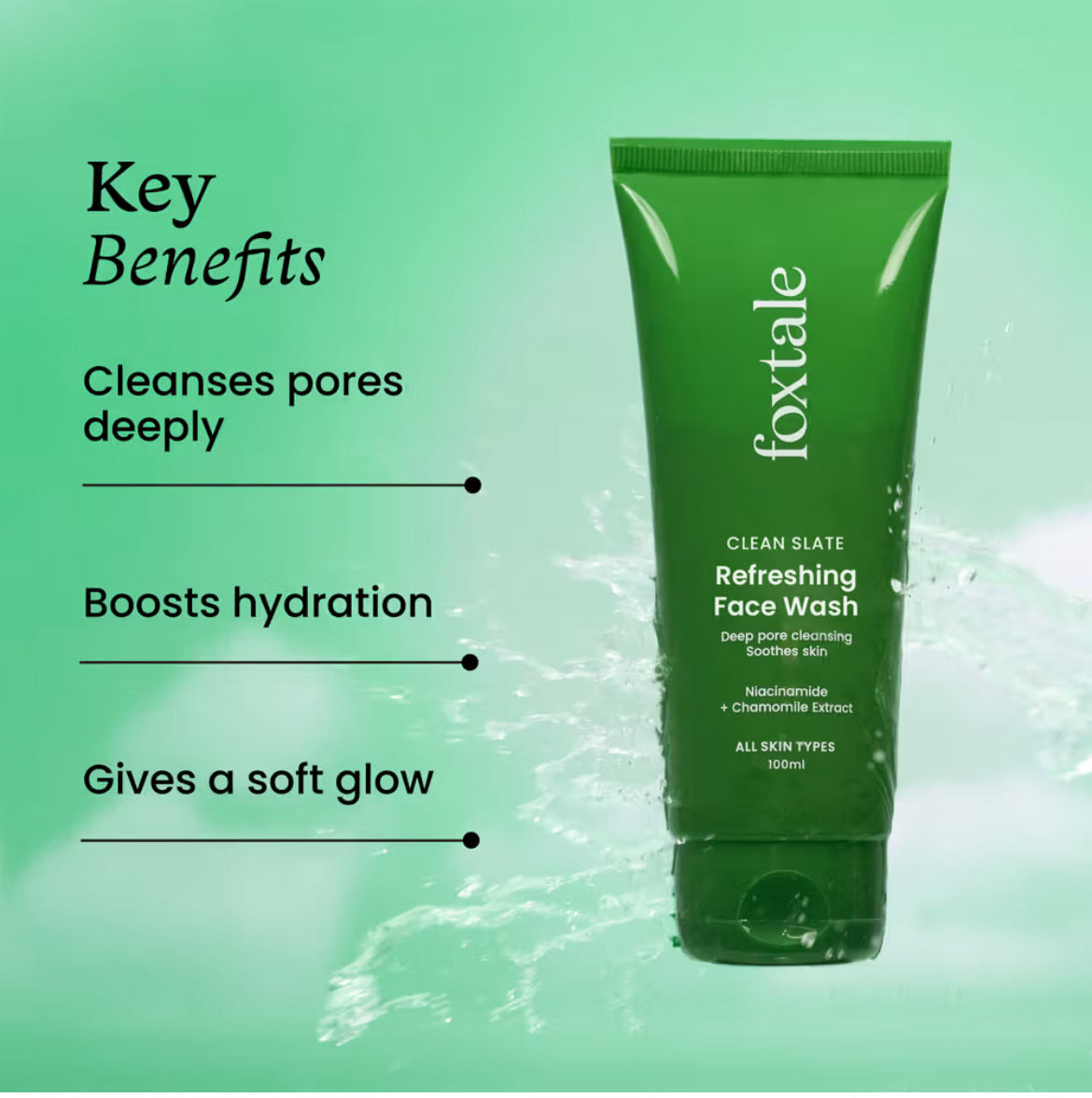 Foxtale Refreshing Face Wash with Niacinamide & Vitamin E, Deeply Cleans Pores and Soothes Skin (100ml)