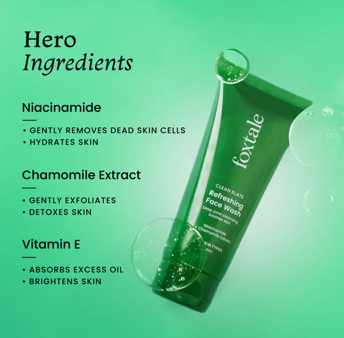Foxtale Refreshing Face Wash with Niacinamide & Vitamin E, Deeply Cleans Pores and Soothes Skin (100ml)