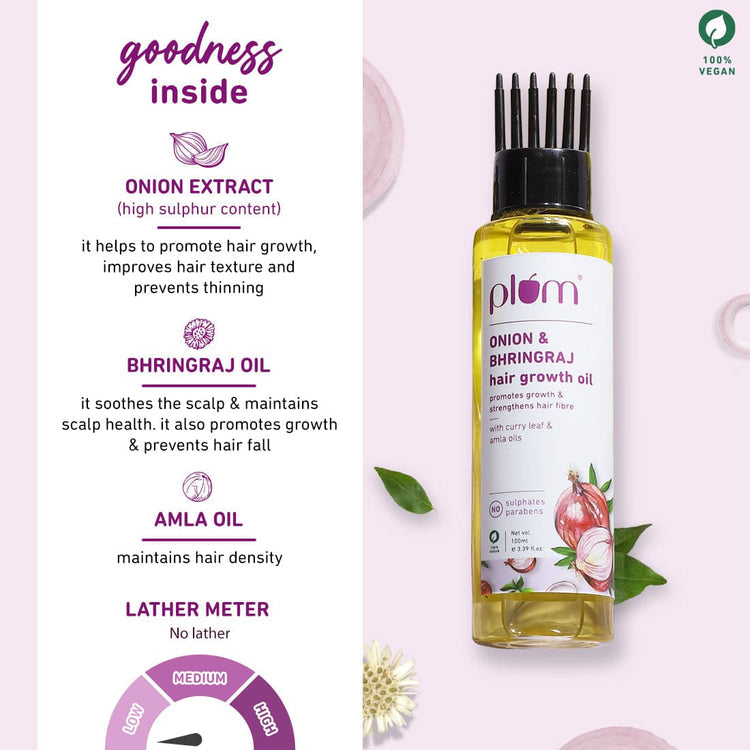 Plum Onion & Bhringraj Hair Growth Oil | With Curry Leaf and Amla Oils | Promotes Growth, Strengthens Hair | For All Hair Types |Silicone-Free | Paraben-Free| 100% Vegan | 100ml