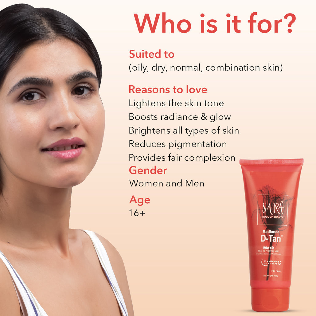 Sara Radiance D-Tan Mask For Skin Enhancer & Glow Booster | All Skin Types | Perfect For Men & Women | 100G