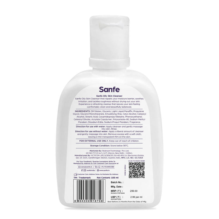 Sanfe Oily Skin Cleanser | For skin repair, dryness, tighter skin - For Oily, Acne Prone Skin, 100ml
(100ml)