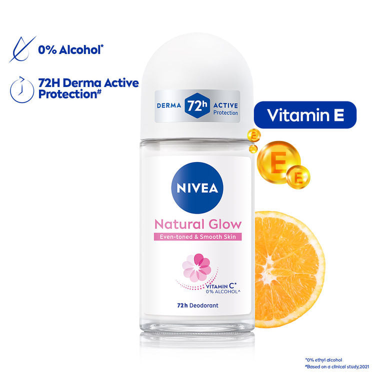 NIVEA Natural Glow Even Toned Vit C & 0% Alcohol Deo Underarm Roll On 72Hr Active Protection Smooth Skin
(50ml)