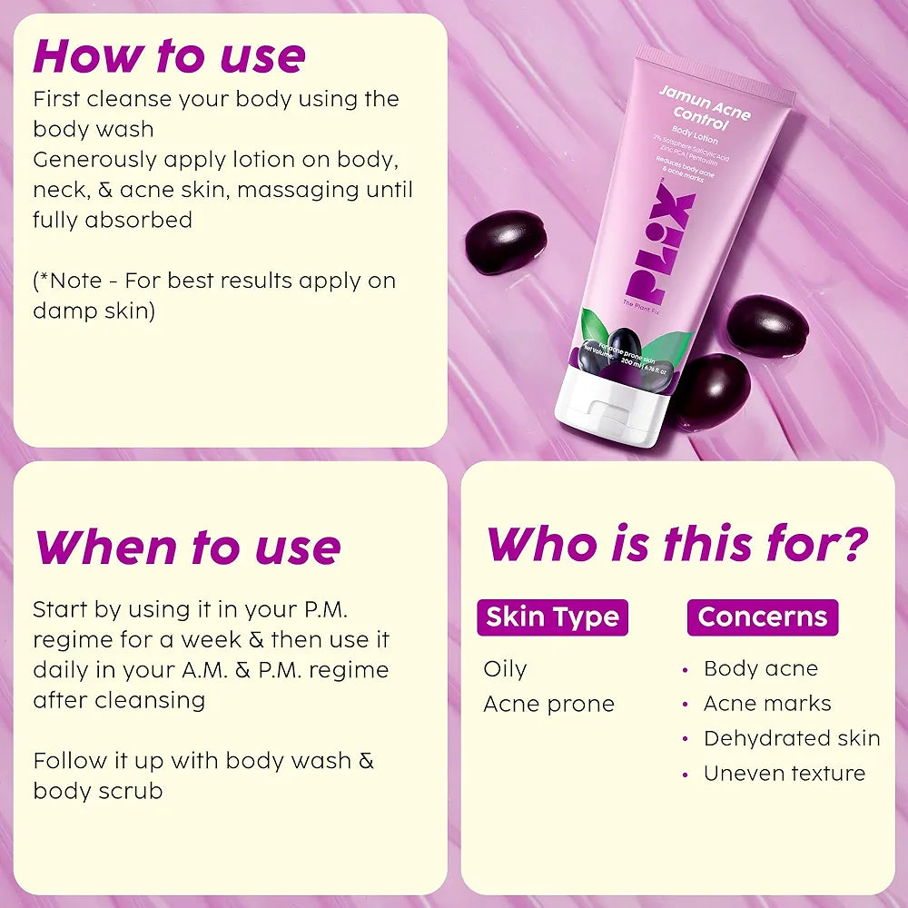 PLIX - THE PLANT FIX | Jamun Acne Control Body Lotion 200ml | Helps Reduce Active Acne & Fades Away Acne Marks | Non-Sticky | Improves Skin Radiance | Jamun Extract | Men & Women |