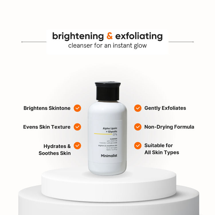 Minimalist 7% ALA & AHA Brightening Face Wash With Vitamin B5 & Glycolic acid For Glowing Skin
(100ml)