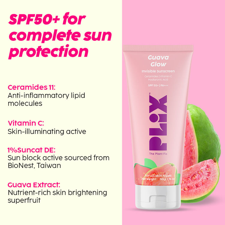 Plix SPF 50+ Guava Glow Invisible Sunscreen Gel For UV A, UV B Protection with Ceramides and  Vit C (50g)
