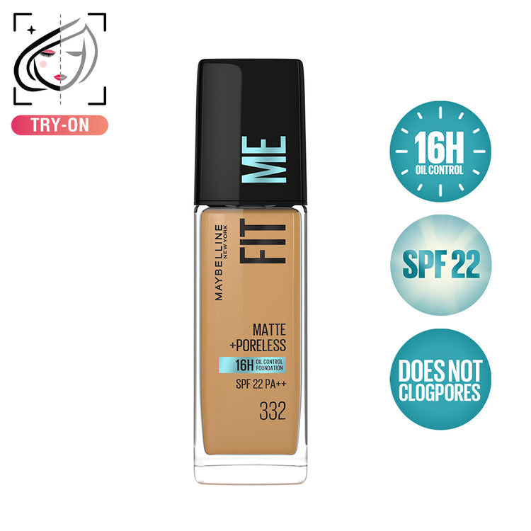 Maybelline Fit Me Matte+Poreless 16H Oil Control Foundation With SPF 22 PA++ (332 Golden Caramel)(30ml)