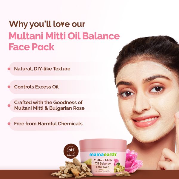 Mamaearth Multani Mitti Oil Balance Face Pack with Multani Mitti & Bulgarian Rose for Normal to Oily Skin - 200 g