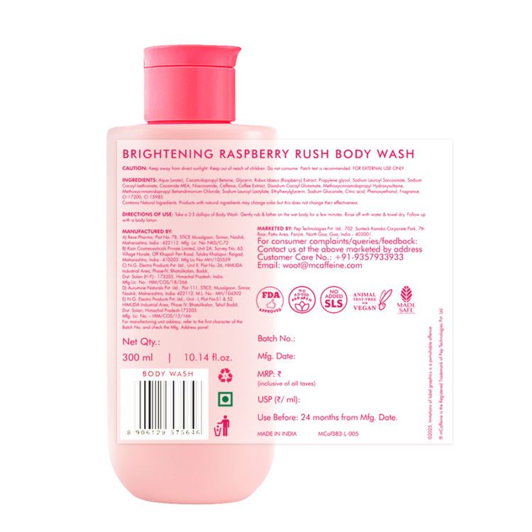 MCaffeine Brightening Body Wash 5% Niacinamide & Raspberry Boosts Glow, 5% Glycerine Softens Skin (300ml)