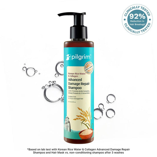 Pilgrim Korean Rice Water & Collagen Advanced Damage Repair Shampoo (200ml) 
Repair, Strengthen & Soften