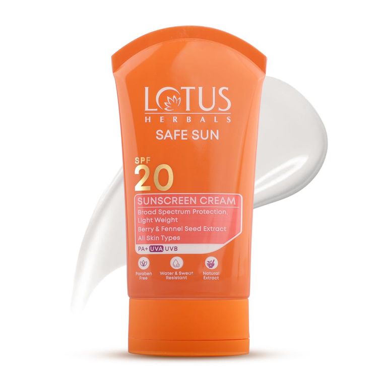 Lotus Herbals SafeSun Sunscreen Cream SPF 20 PA+ ,Berry & Fennel Seed Extracts,Waterproof & Oil-free (50g)