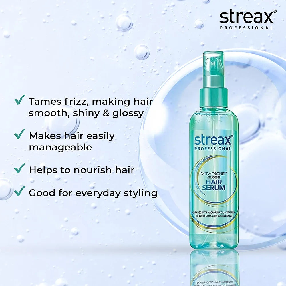 Streax Professional Vitariche Gloss Hair Serum, 115ml for Frizz Free Hair + FREE Repair Max Shampoo,100 ml for Dry to Damaged Hair
