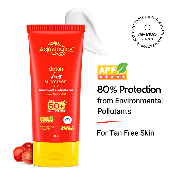 Aqualogica Detan+ Dewy Sunscreen In-Vivo Tested SPF 50+ PA++++ with Cherry Tomato & HA - 80 g