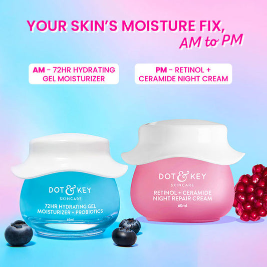 Dot & Key AM PM Routine With Hyaluronic Acid- 72HR Hydrating Probiotics Gel & Retinol Night Cream
(2 pcs)