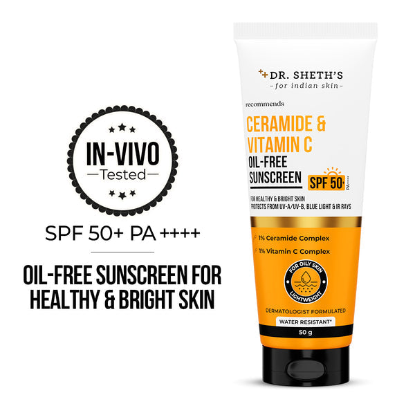 Dr. Sheth's Ceramide & Vitamin C Oil Free Sunscreen - 50 gm In-Vivo Tested SPF 50+ PA ++++ 50g