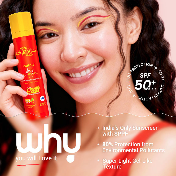 Aqualogica Detan+ Dewy Sunscreen In-Vivo Tested SPF 50+ PA++++ with Cherry Tomato & HA - 50 g