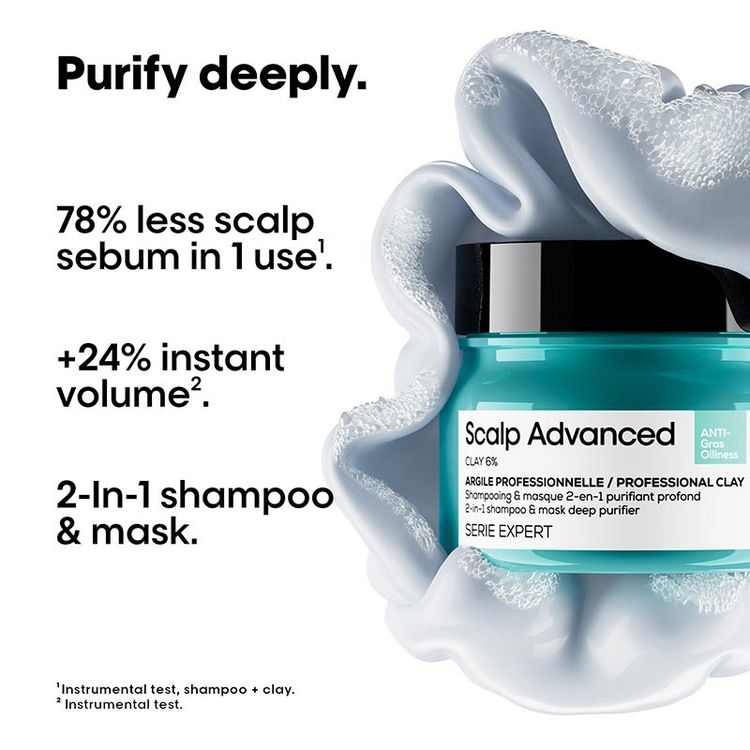 LOreal Professionnel Scalp Advanced Anti-Oiliness 2-In-1 Shampoo & Mask Deep Purifier Clay For Very Oily Scalp (250ml)
