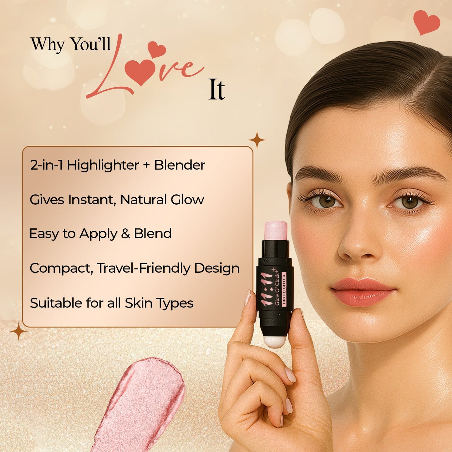 Fashion Color 11:11 Glow O’Clock Highlighter Stick – Long-Lasting Cream Highlighter for Face & Body(Champagne Gold)