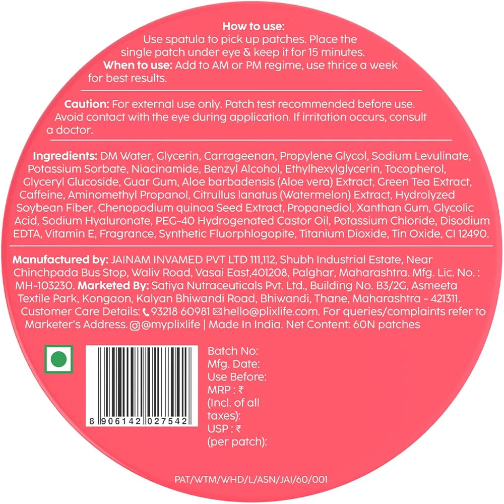 Plix Watermelon hydrogel eye patches to de-puff & revive under-eye area instantly