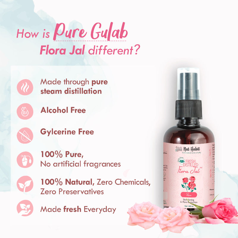 Nat Habit Gulab Jal 100% Pure Rose Water, Face Mist (Toner) for Pore Tightening, Acne & Hydration (100ml)