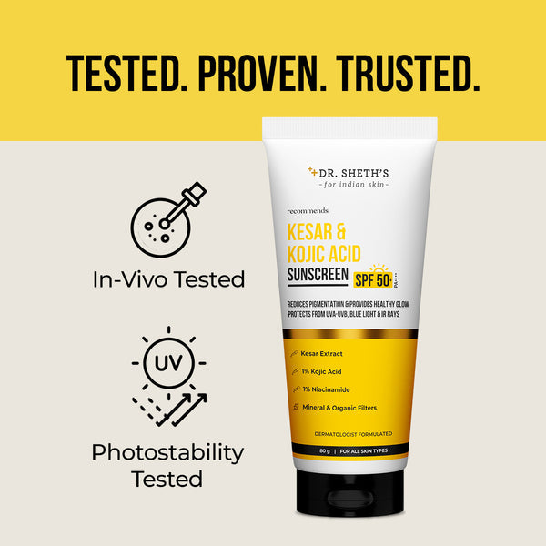 Dr. Sheth's Kesar & Kojic Acid Sunscreen - 80g In-Vivo Tested SPF 50+ PA ++++