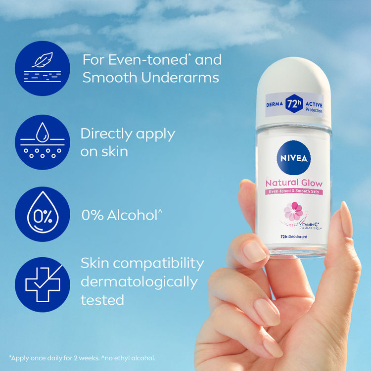 NIVEA Natural Glow Even Toned Vit C & 0% Alcohol Deo Underarm Roll On 72Hr Active Protection Smooth Skin
(50ml)