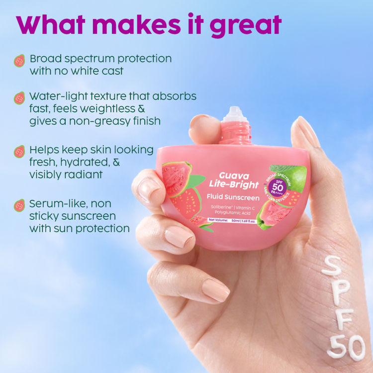 Plix Guava Glow Fluid Hydrating, Lightweight & Non-Greasy SPF 50 PA++++ Sunscreen
(50ml)