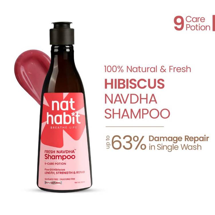 Nat Habit Five Oil Hibiscus Shampoo For Long Thick Hair, Sulphate Free Shampoo For Hair Fall Control (225ml)