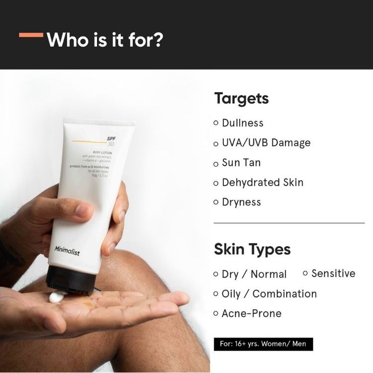 Minimalist SPF 30 Body Lotion With Vitamin E, Gylcerin & Green Tea Extract
(150 g)