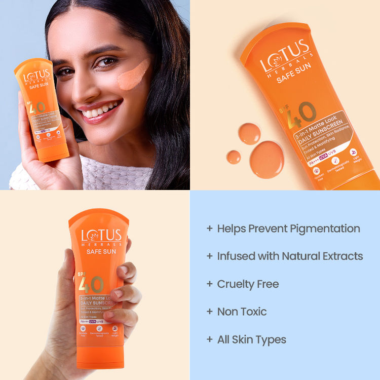 Lotus Herbals SafeSun 3in1 Matte Look Daily Sunscreen SPF 40 PA+++ ,Tinted & Dermatologically Free (100g)