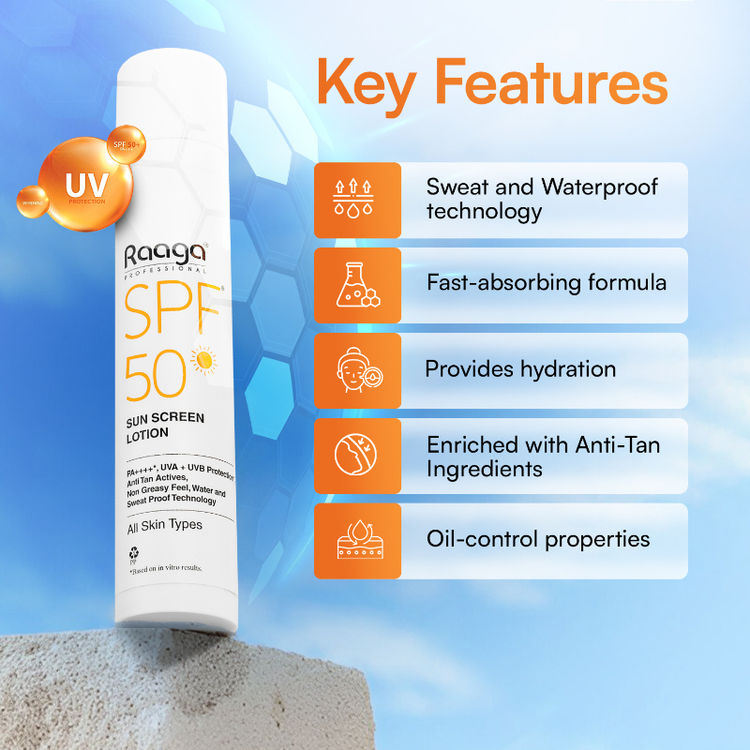 Raaga Professional Spf 50 Pa++++ Sunscreen Lotion With Uva + Uvb Protection, All Skin Types, 55 Ml