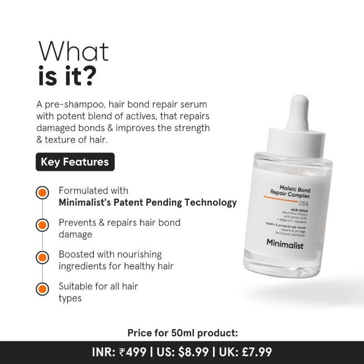 Minimalist Maleic Bond Repair Complex 05% Hair Serum For Soft & Smooth Hair & Treats Split Ends & Breakage
(50ml)