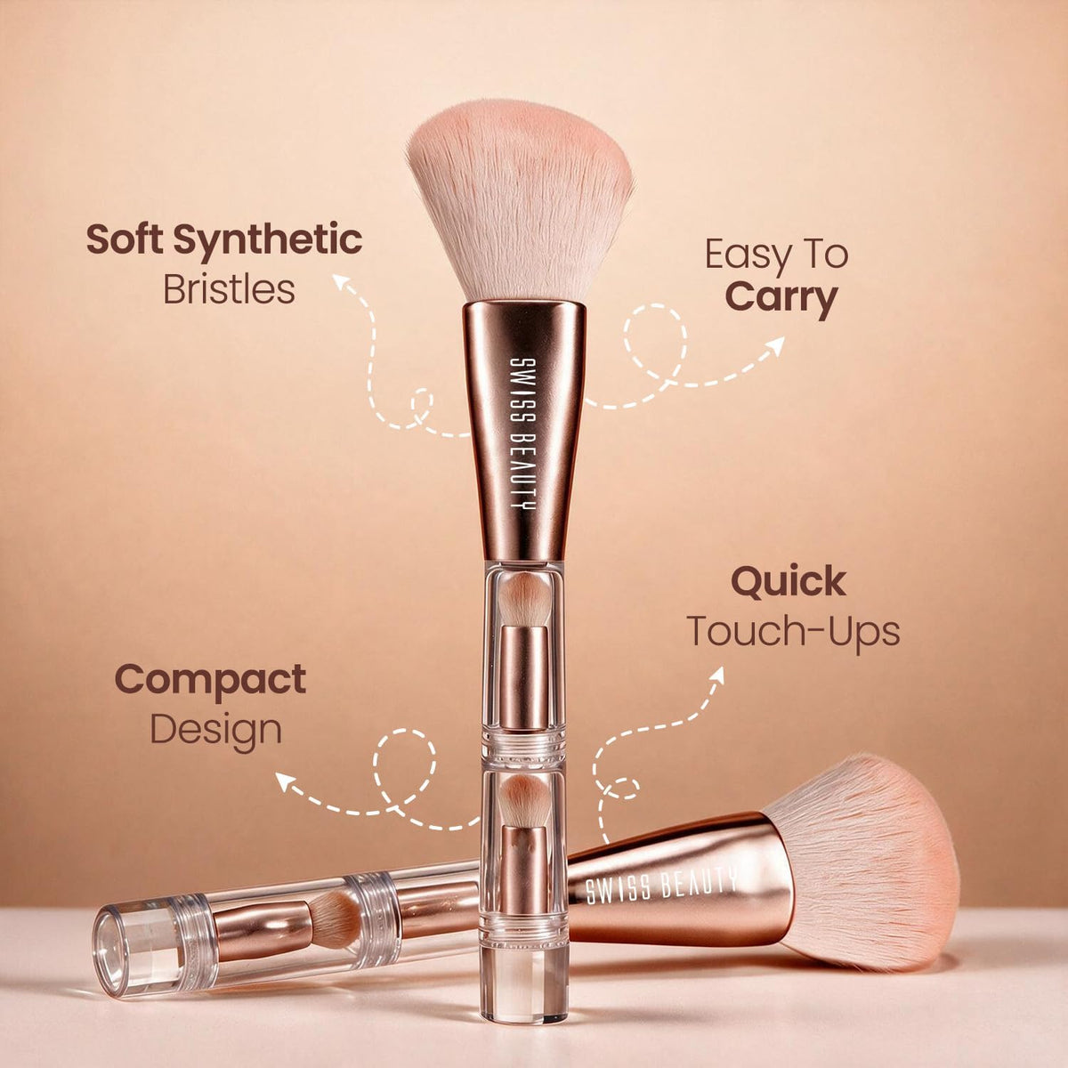 Swiss Beauty Take Me Anywhere 4-in-1 Makeup Brush |Soft Synthetic Bristles | Travel-Friendly