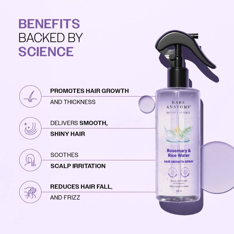 Bare Anatomy Rosemary Water Spray for Hair Growth with Rice water, 100% Natural Extract (200ml)
