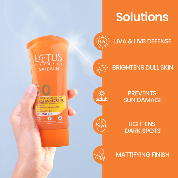 Lotus Herbals SafeSun Vitamin C Matte Gel Daily Sunscreen SPF 50 PA+++ | For All Skin Types (75g)