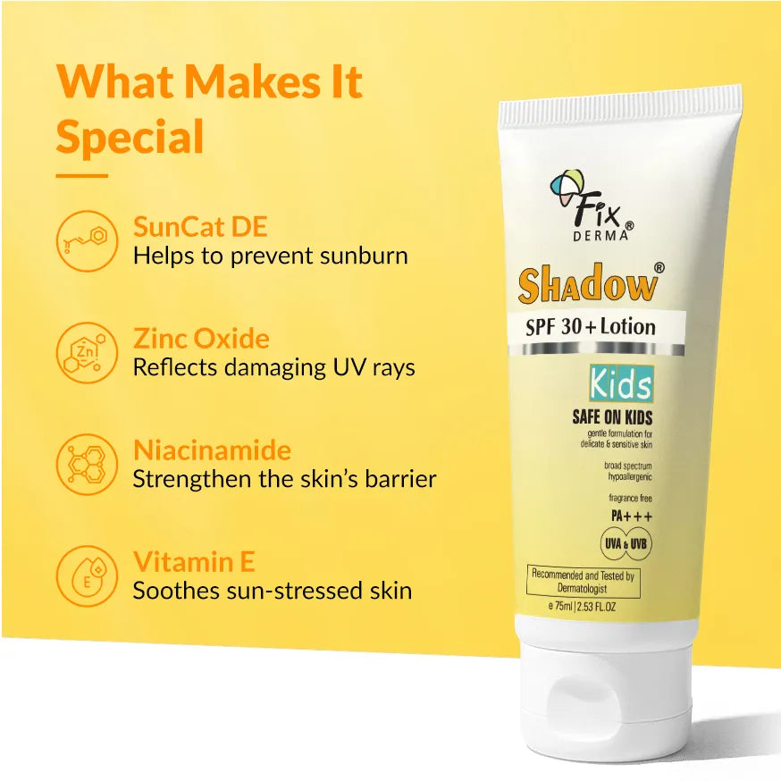 Fixderma Shadow Kids SPF 30+ Lotion | A Hypoallergenic Sunscreen for delicate skin of kids (75g)