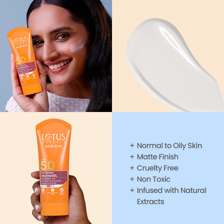Lotus Herbals SafeSun UV Screen Matte Gel Sunscreen SPF 50 PA+++ ,Lightweight & No WhiteCast Formula (50g)