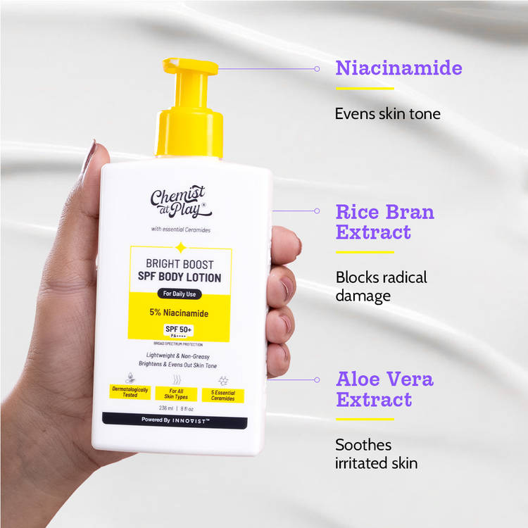 Chemist at Play Bright Boost SPF Body Lotion, SPF 50+ PA++++, 24 hours moisturization
(236ml)