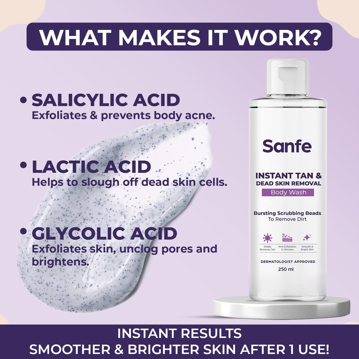 Sanfe Instant Tan & Dead Skin Removal Exfoliating Body Wash | Visibly Removes Tan | AHA Exfoliation in Minutes | Smooth & Bright Skin | 250ml