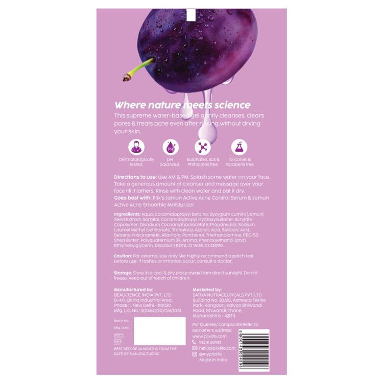 Plix 0.5% Salicylic Acid Jamun Face Wash Cleanser For Active Acne & Oil Control, Acne Breakouts
(100ml)