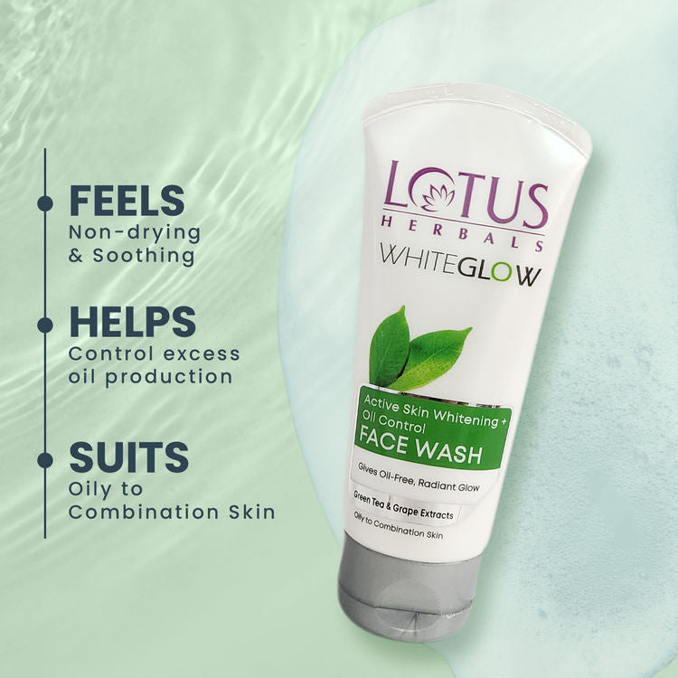 Lotus Herbals WhiteGlow Active Skin Whitening + Oil Control Face Wash With GreenTea & Grape Extracts (100g)