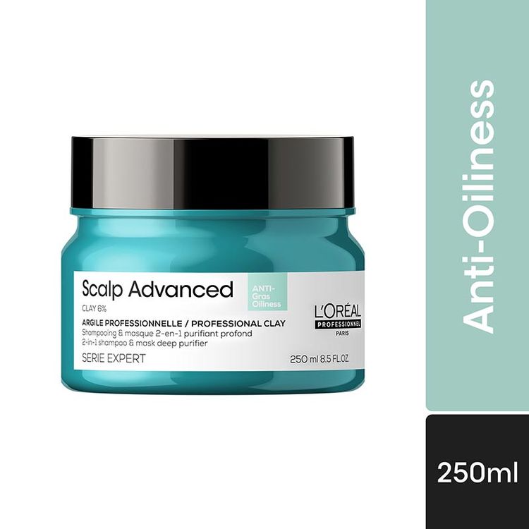 LOreal Professionnel Scalp Advanced Anti-Oiliness 2-In-1 Shampoo & Mask Deep Purifier Clay For Very Oily Scalp (250ml)