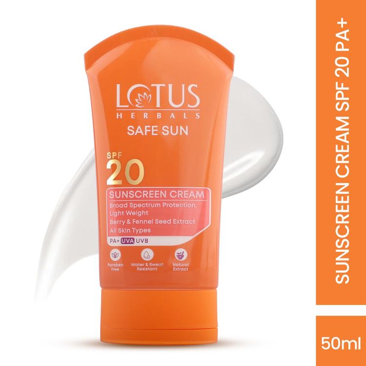 Lotus Herbals SafeSun Sunscreen Cream SPF 20 PA+ ,Berry & Fennel Seed Extracts,Waterproof & Oil-free (50g)