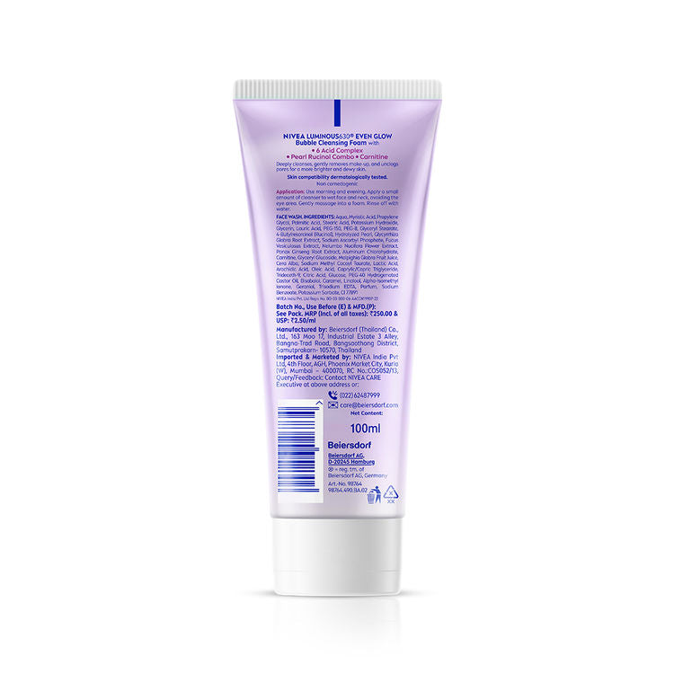 NIVEA Luminous Even Glow Bubble Foam Daily Gentle and Brightening Face Wash With 6 Acid complex
(100ml)