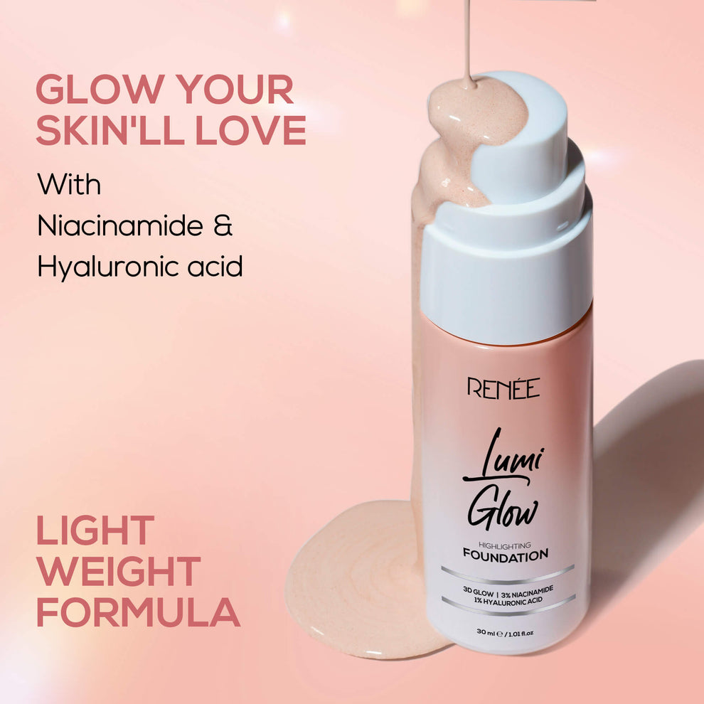 RENEE Lumi Glow Highlighting Liquid Foundation With Dewy Finish, Buildable Coverage & 3D Glow (Radiant Beige)