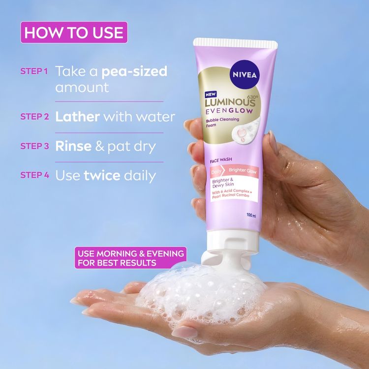 NIVEA Luminous Even Glow Bubble Foam Daily Gentle and Brightening Face Wash With 6 Acid complex
(100ml)